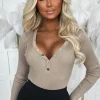 Women GIORGIA Bodysuits<Set The Vibe Beige Rib Knit Plunge Button Bodysuit