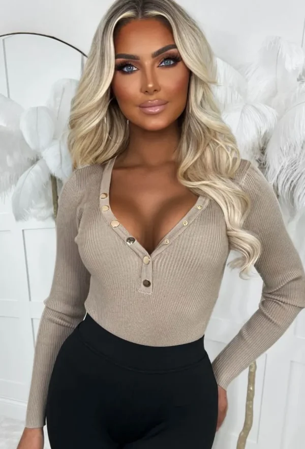 Women GIORGIA Bodysuits<Set The Vibe Beige Rib Knit Plunge Button Bodysuit