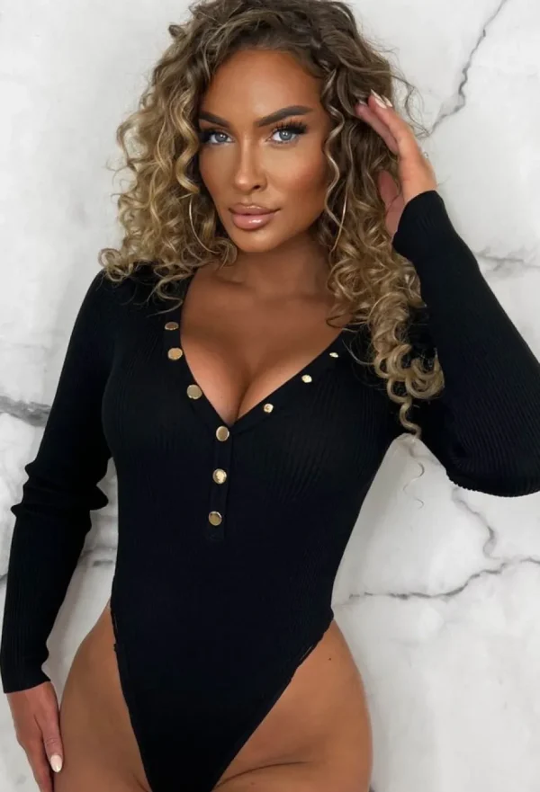 Women GIORGIA Bodysuits<Set The Vibe Black Rib Knit Plunge Button Bodysuit