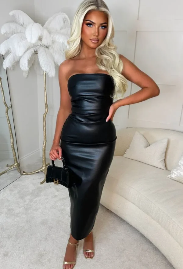 Women BABEZ Dresses<She'S Trending Black Ruched Side Faux Leather Bandeau Midi Dress