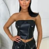 Women STYLEWISE Tops<Shock Value Black Faux Leather Bandeau Biker Zip Crop Top