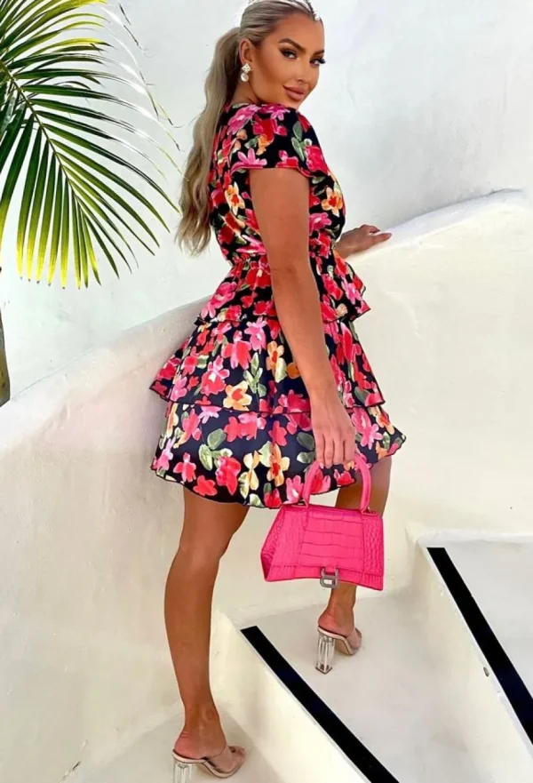 Women LILY WHITE Summer Dresses<Sicilian Lover Black Floral Tiered Skirt Mini Dress