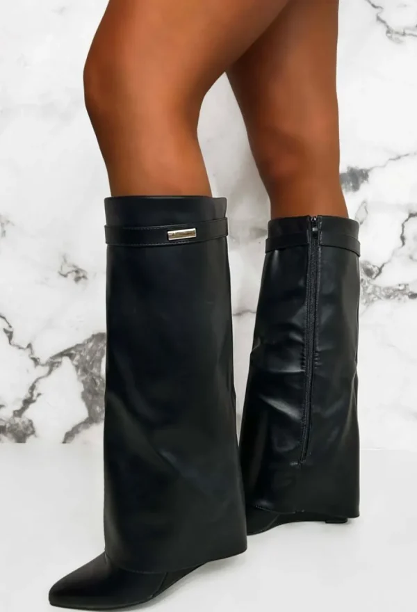 Women IDEAL SHOES Boots<Signature Shark Black Faux Leather Fold Over Knee High Boots