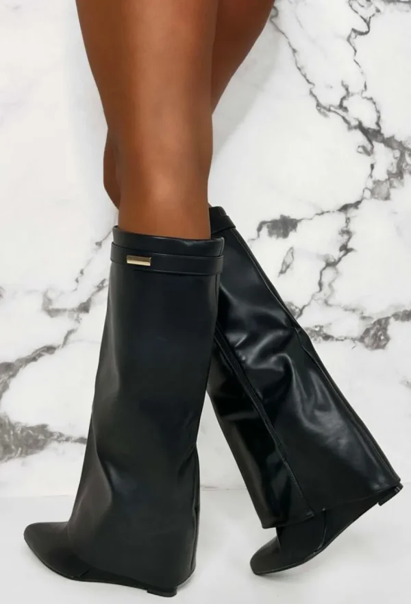 Women IDEAL SHOES Boots<Signature Shark Black Faux Leather Fold Over Knee High Boots