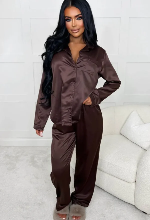 Women CONTINENTAL Nightwear<Silky Slumber Chocolate Brown Long Sleeve Button Up Satin Pyjama Set