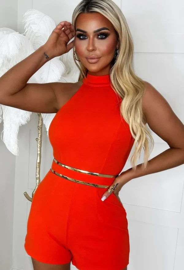 Women VJK Playsuits<So Angelic Orange Halterneck Belted Stretch Crepe Playsuit