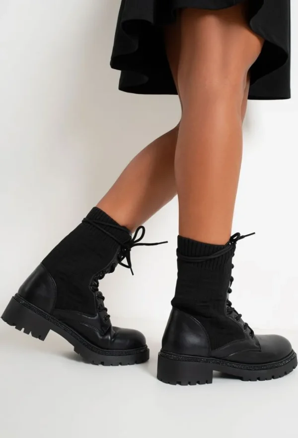 Women ERYNN SHOES Boots<Spoil Myself Black Diamante Detail Lace Up Knit Ankle Boots