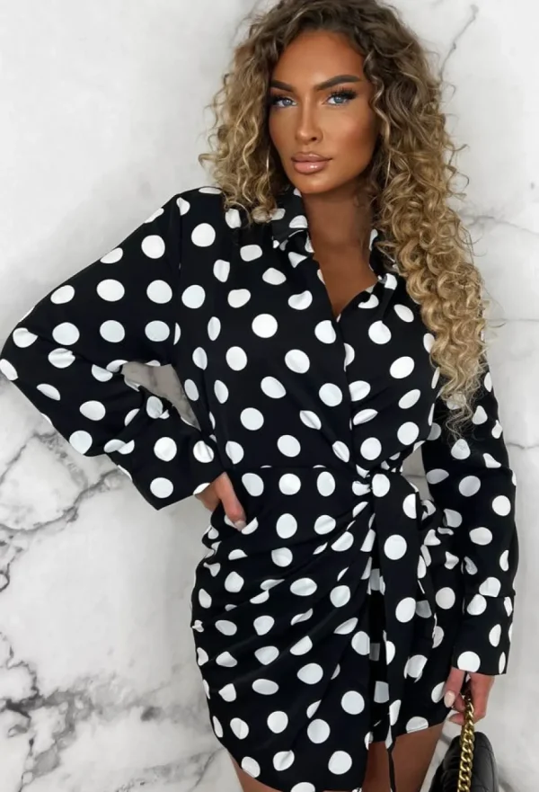 Women CC FASHION Dresses<Spot The Difference Black Polka Dot Long Sleeve Wrap Style Mini Dress