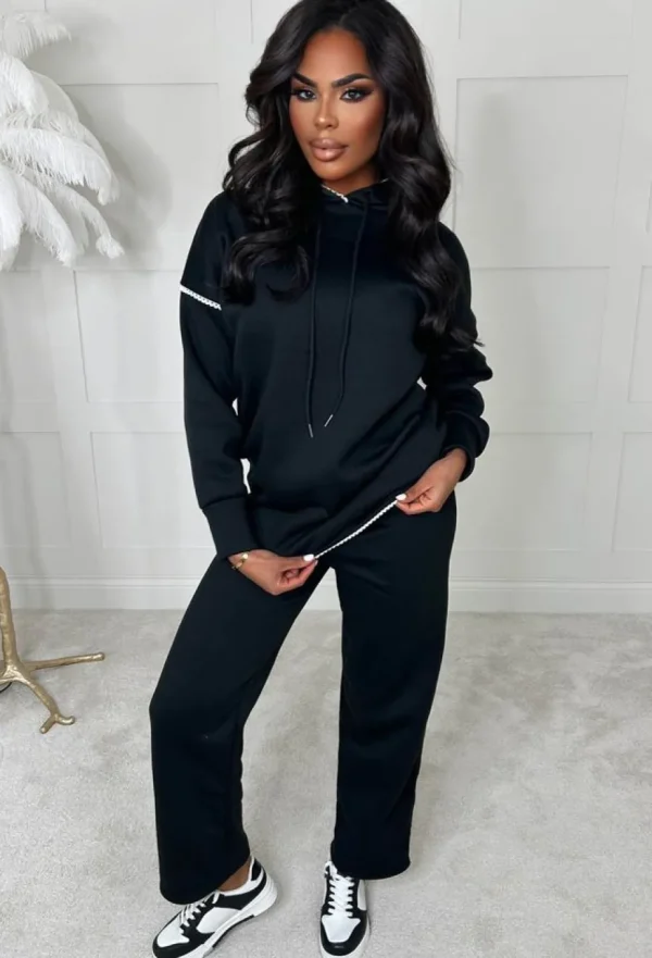 Women STYLEWISE Loungewear<Stitch In Time Black Two Piece Stitch Trim Hooded Loungewear Set