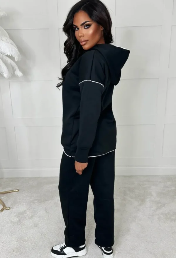 Women STYLEWISE Loungewear<Stitch In Time Black Two Piece Stitch Trim Hooded Loungewear Set