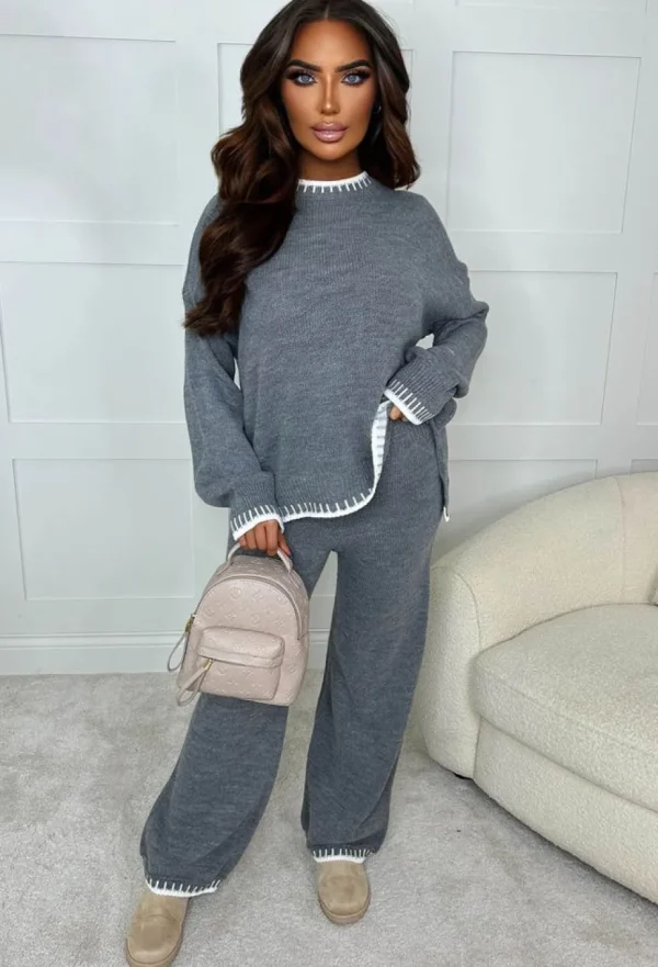 Women INSTA GIRL Loungewear<Stitched Up Grey Marl Contrast Stitch Two Piece Loungewear Set