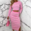 Women LEA MODE Co-Ords<Stripe Sensation Pink Striped Long Sleeve Knitted Midi Skirt Co-Ord Set