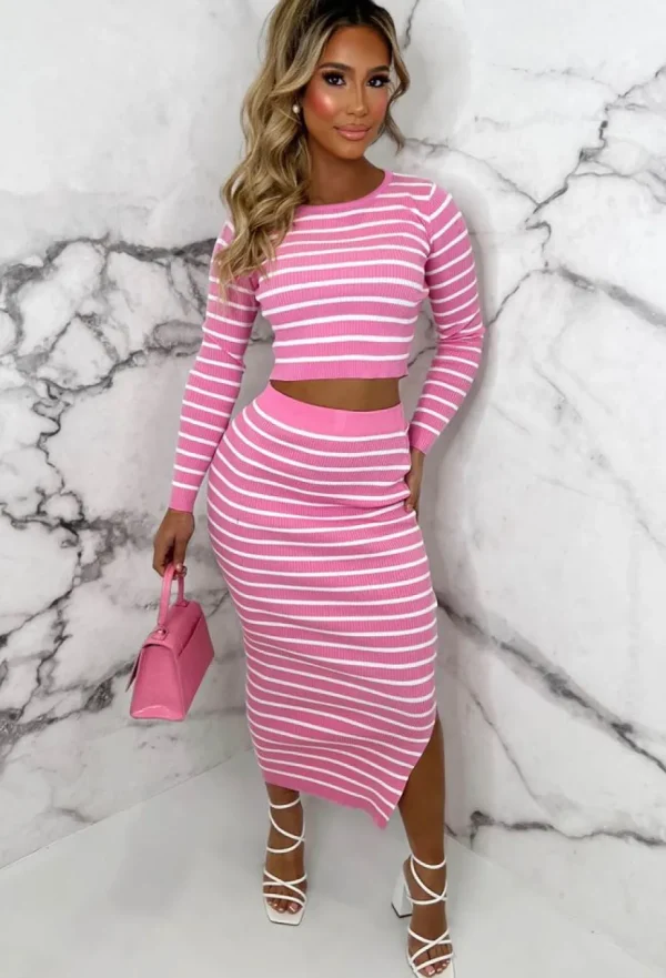 Women LEA MODE Co-Ords<Stripe Sensation Pink Striped Long Sleeve Knitted Midi Skirt Co-Ord Set