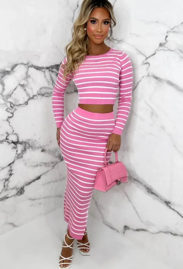 Women LEA MODE Co-Ords<Stripe Sensation Pink Striped Long Sleeve Knitted Midi Skirt Co-Ord Set