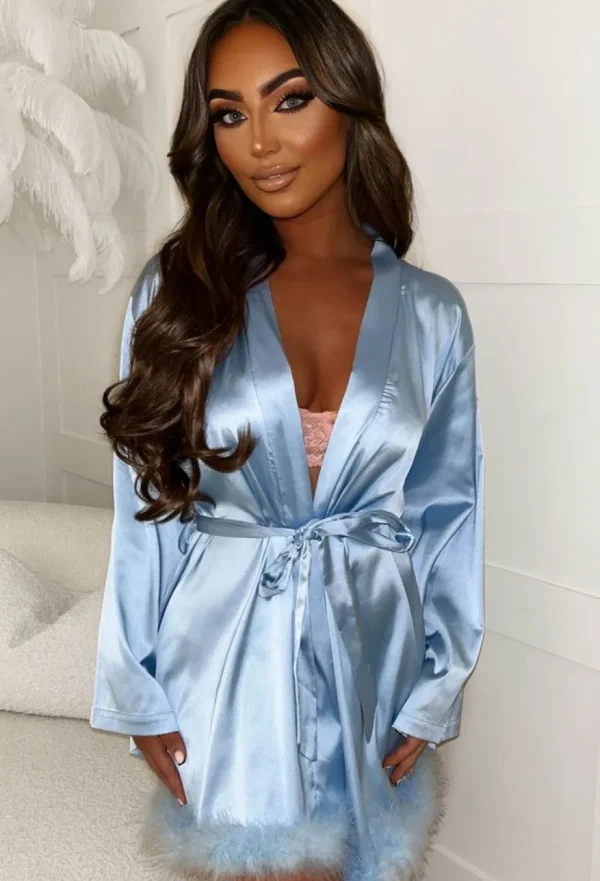 Women Z2 Nightwear<Sultry Desire Baby Blue Satin Flare Sleeve Removable Feather Trim Robe