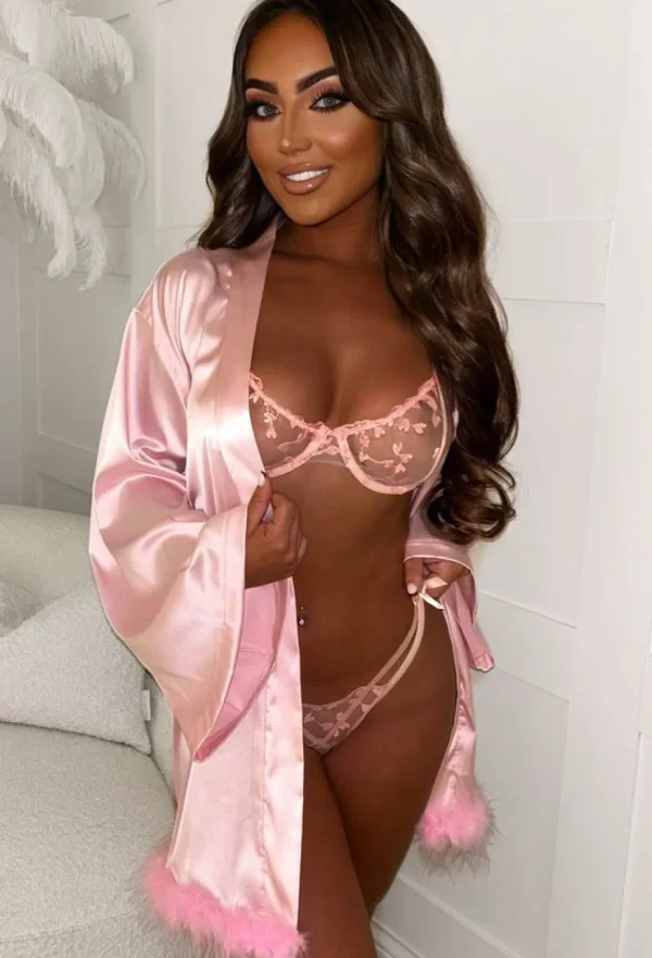 Women Z2 Nightwear<Sultry Desire Pink Satin Flare Sleeve Removable Feather Trim Robe