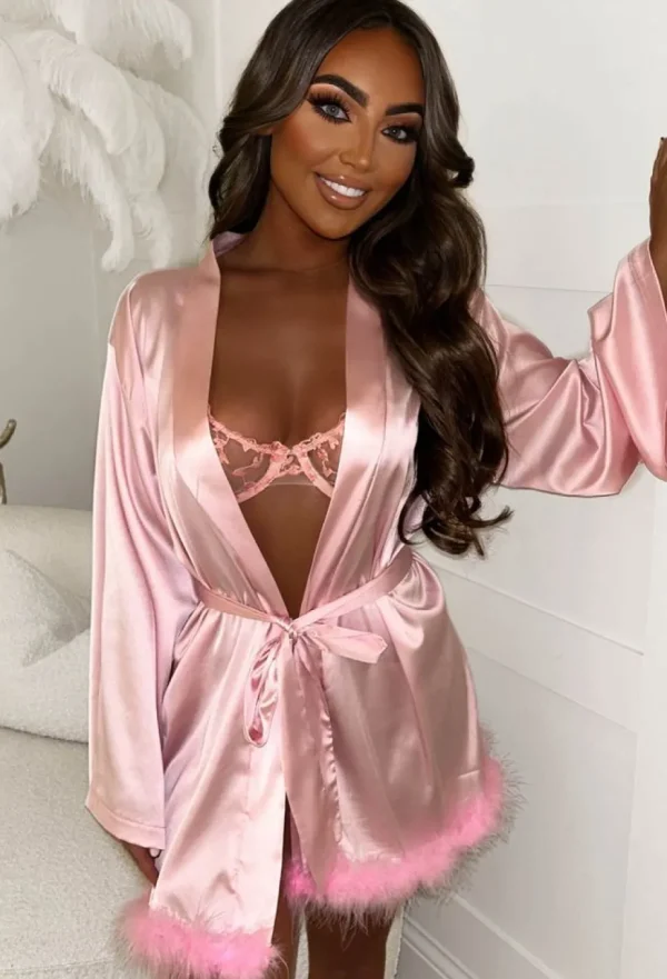 Women Z2 Nightwear<Sultry Desire Pink Satin Flare Sleeve Removable Feather Trim Robe