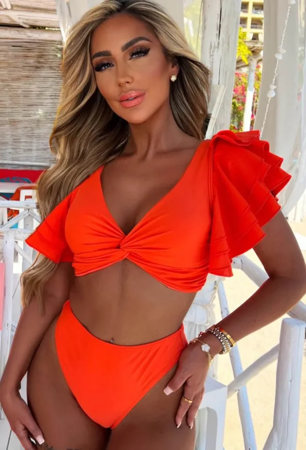 Women Continental Textiles Swimwear<Sun-Kissed Orange Ruffle Detail Bikini With High Waist Brief