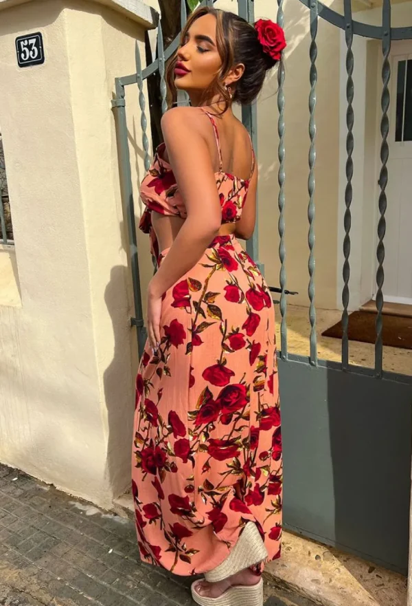 Women LOCCO Suits & Sets<Sunkissed Sweetie Pink Floral Maxi Skirt And Crop Top