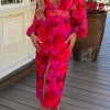 Women FP u0026 CO Summer Dresses<Sunset Paradise Hot Pink Printed Button Front Long Sleeve Midi Dress