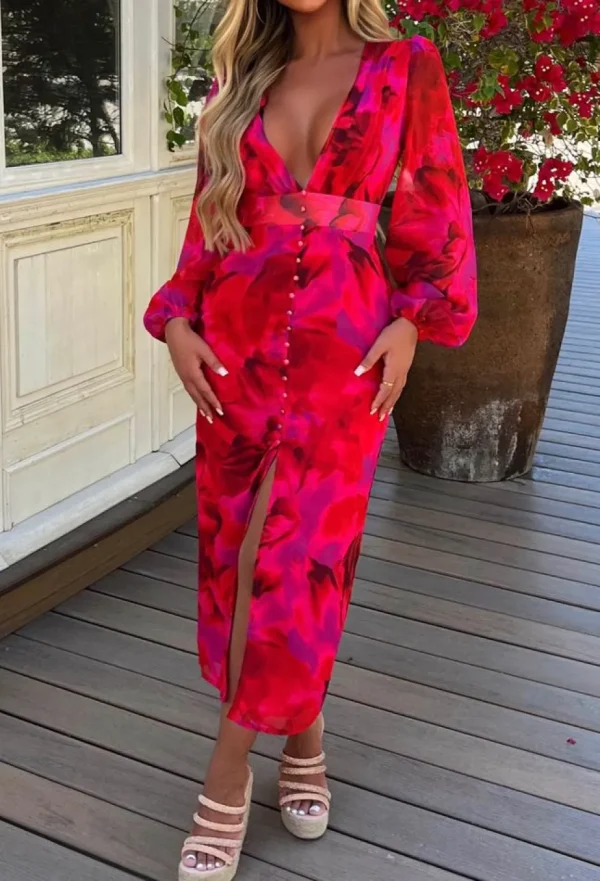 Women FP u0026 CO Summer Dresses<Sunset Paradise Hot Pink Printed Button Front Long Sleeve Midi Dress