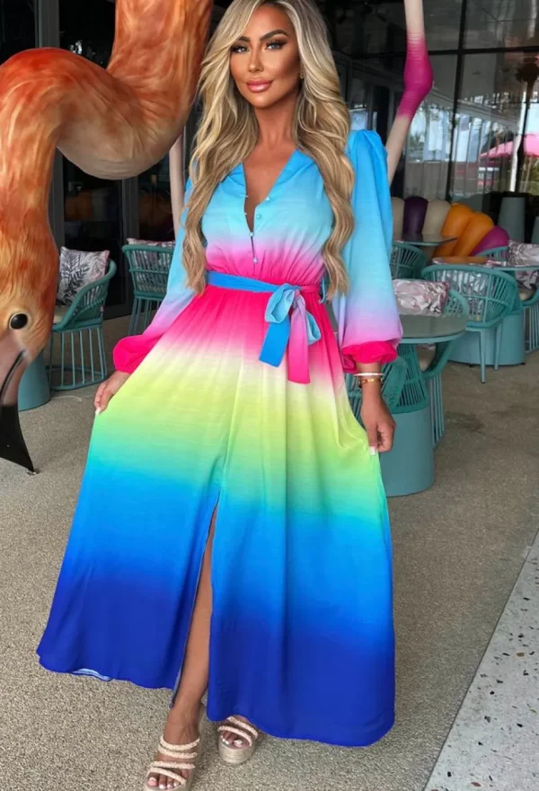 Women JUS DE POM Summer Dresses<Sunset Sky Blue Ombre Long Sleeve Maxi Dress