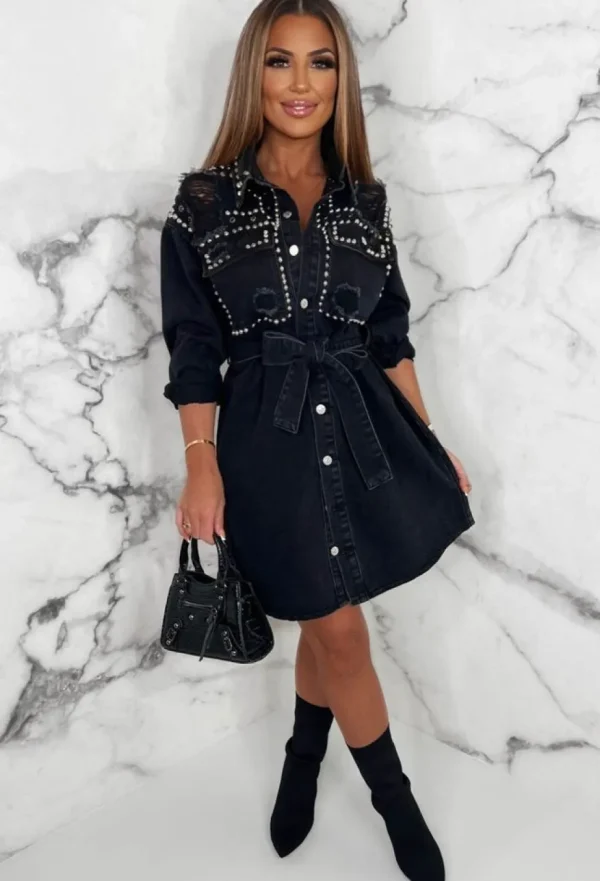 Women FABS FASHION Dresses<Suspicious Minds Black Distressed Studded Denim Shirt Belted Mini Dress