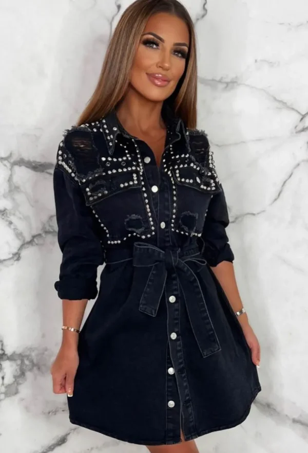 Women FABS FASHION Dresses<Suspicious Minds Black Distressed Studded Denim Shirt Belted Mini Dress