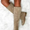 Women TOP STAKA Boots<Sweet Glamour Cream Gold Stud Faux Suede Knee High Boots