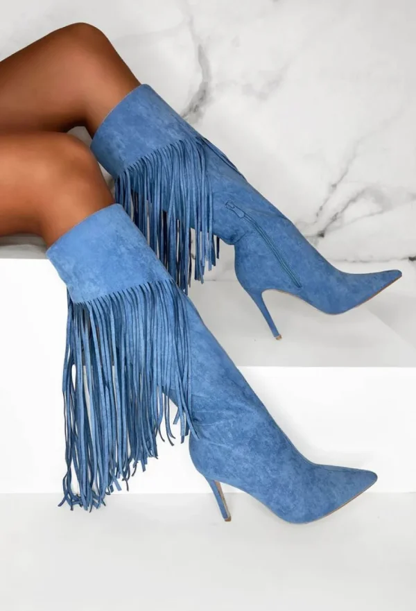 Women EWANYE Boots<Sweet Moments Blue Suede Tassel Knee High Boots