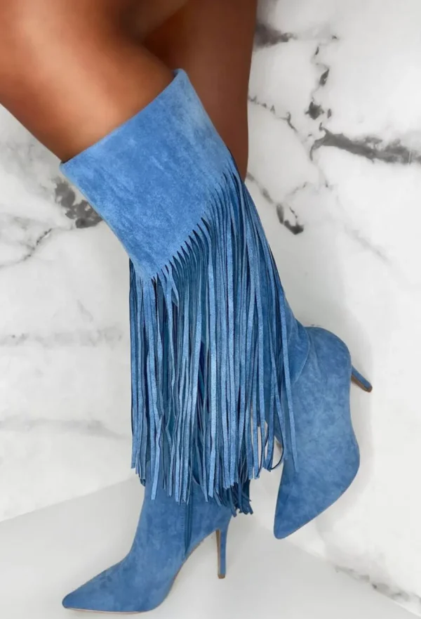 Women EWANYE Boots<Sweet Moments Blue Suede Tassel Knee High Boots