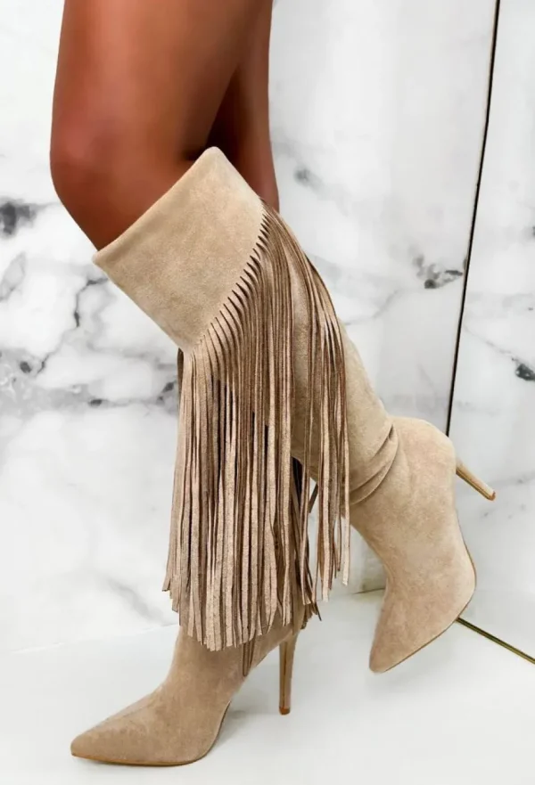 Women STEPHAN Boots<Sweet Moments Cream Suede Tassel Knee High Boots