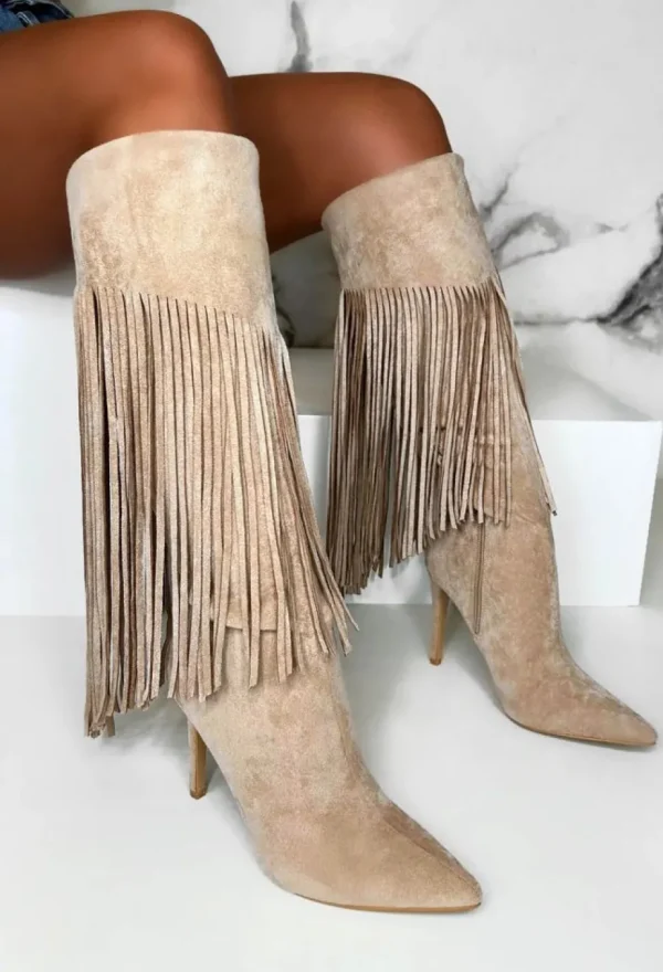 Women STEPHAN Boots<Sweet Moments Cream Suede Tassel Knee High Boots