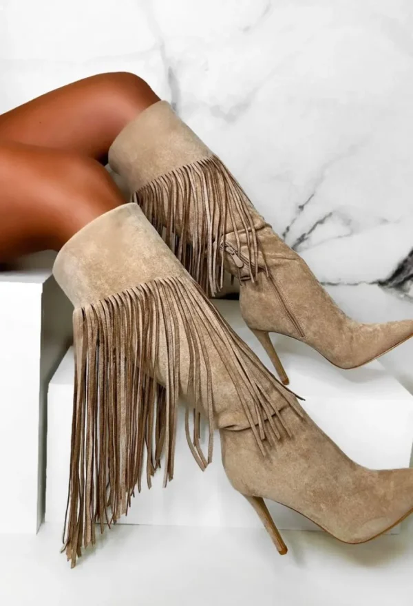 Women STEPHAN Boots<Sweet Moments Cream Suede Tassel Knee High Boots