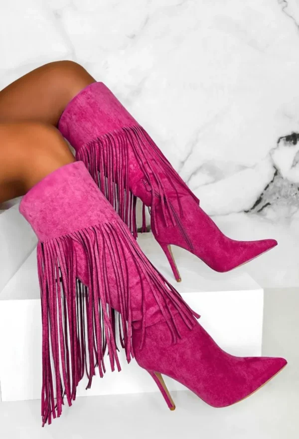 Women STEPHAN Boots<Sweet Moments Hot Pink Suede Tassel Knee High Boots