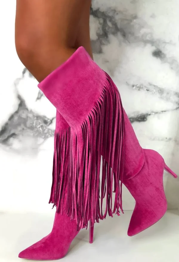 Women STEPHAN Boots<Sweet Moments Hot Pink Suede Tassel Knee High Boots