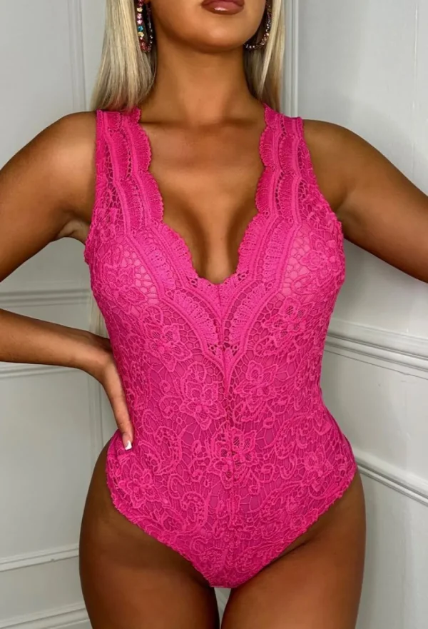 Women BY SWAN Bodysuits<Sweetheart Pink Crochet Lace Bodysuit