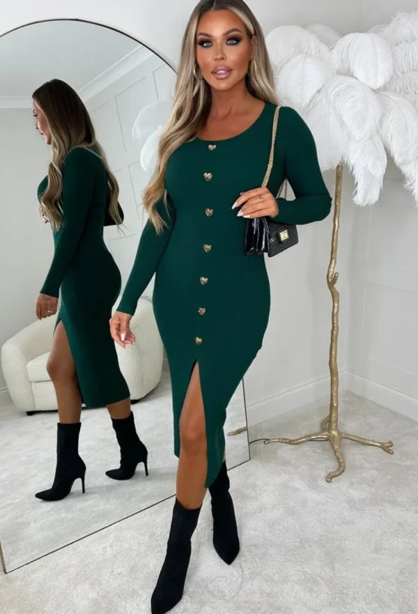 Women MOOCCI Knitwear<Take My Heart Green Gold Heart Button Long Sleeve Knitted Midi Dress