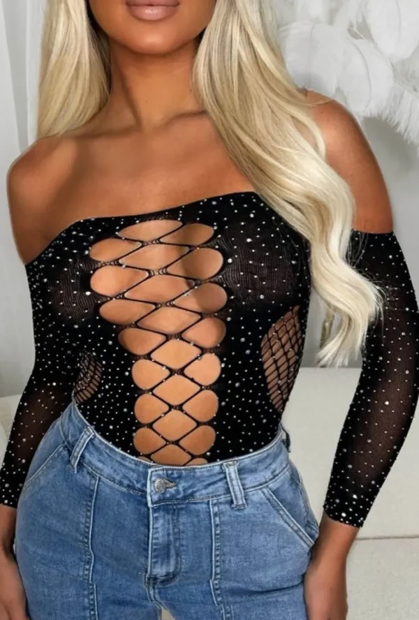 Women MW STUDIO Tops<Taste Of Paradise Black Cut Out Mesh Hotfix Bodysuit