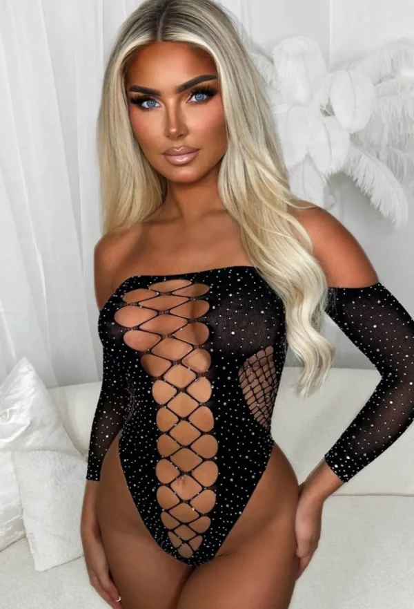 Women MW STUDIO Tops<Taste Of Paradise Black Cut Out Mesh Hotfix Bodysuit