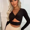 Women STYLEWISE Tops<That Feeling Brown Stretch Cut Out Long Sleeve Crop Top