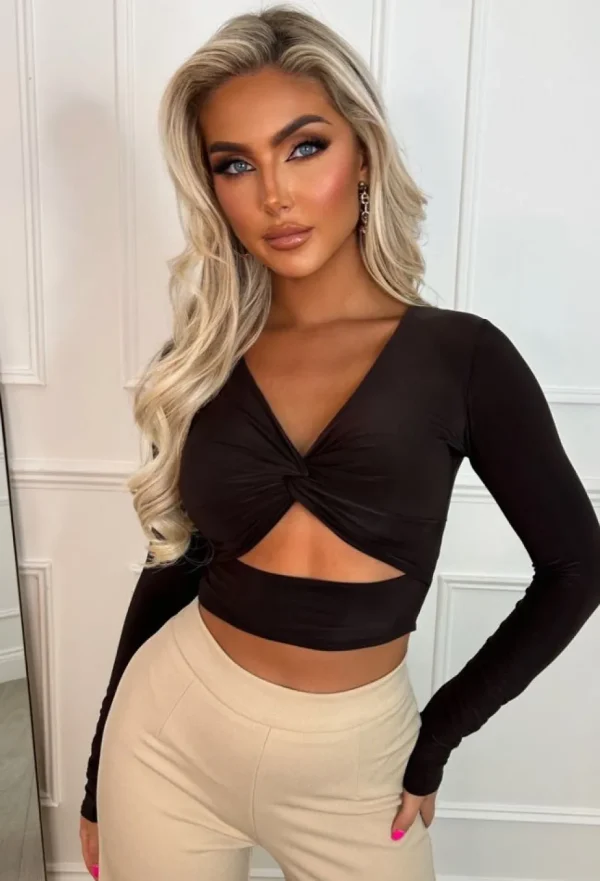 Women STYLEWISE Tops<That Feeling Brown Stretch Cut Out Long Sleeve Crop Top