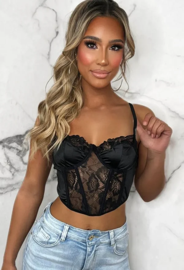 Women CHERRY KOKO Tops<The Main Star Black Lace Panelled Corset Crop Top