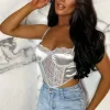 Women CHERRY KOKO Tops<The Main Star Silver Lace Panelled Corset Crop Top