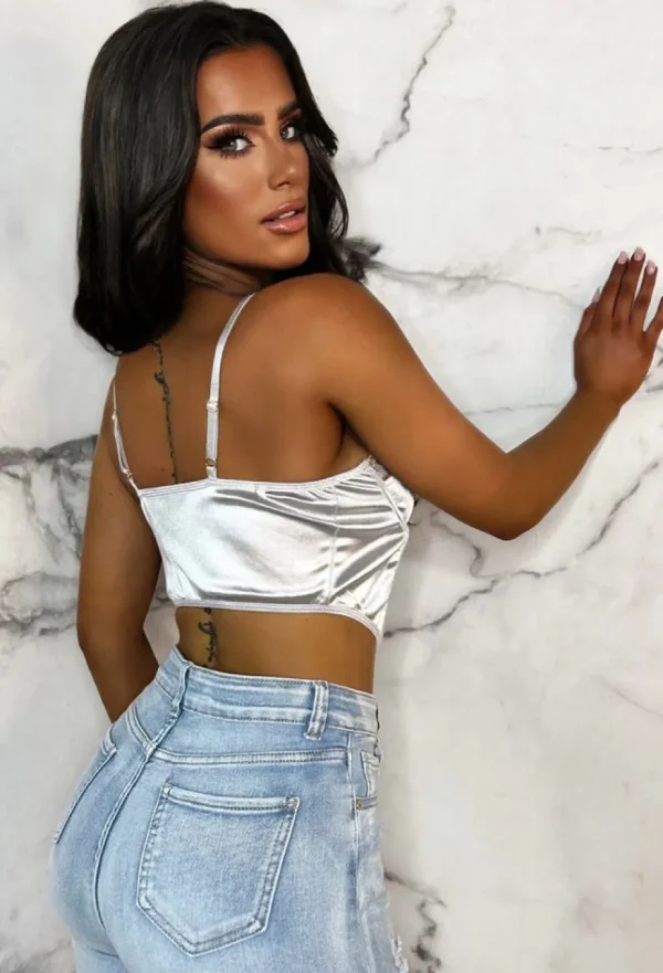 Women CHERRY KOKO Tops<The Main Star Silver Lace Panelled Corset Crop Top