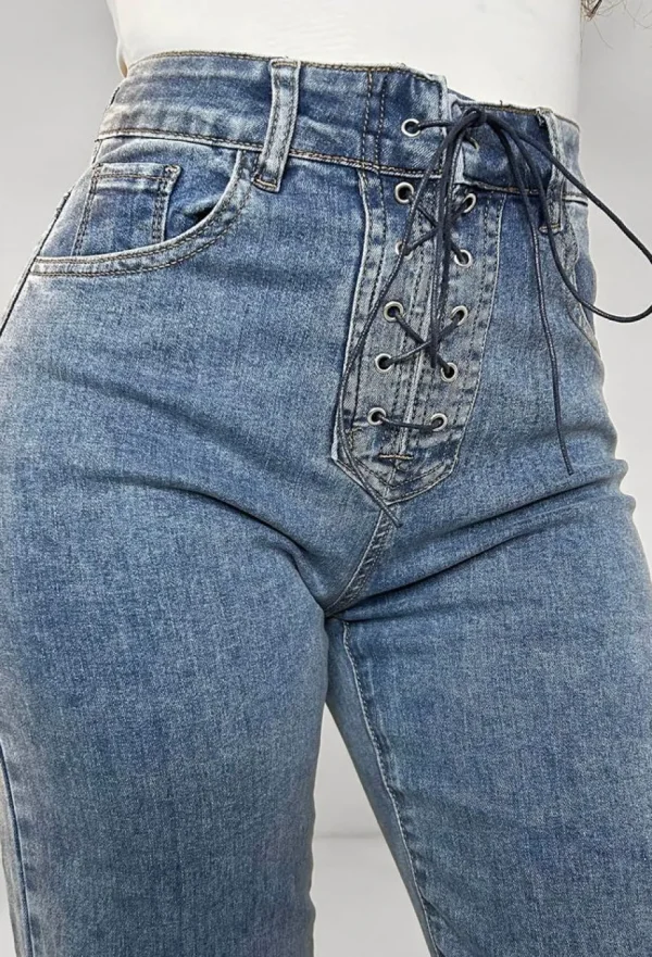 Women LA BELLE Jeans<Tied Together Mid Blue Lace Up Stretch Straight Leg Jeans