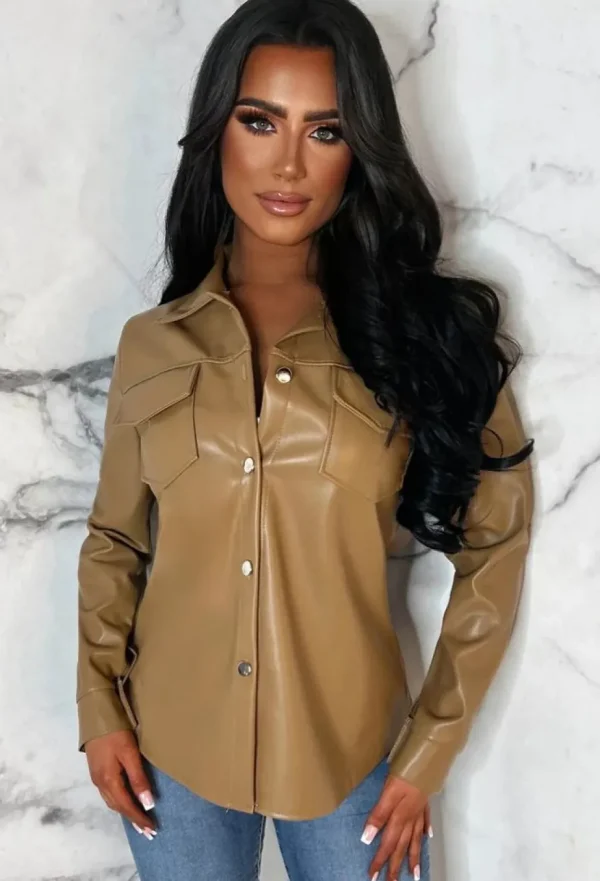 Women J5 FASHION Tops<Trending Now Tan Faux Leather Detail Shirt