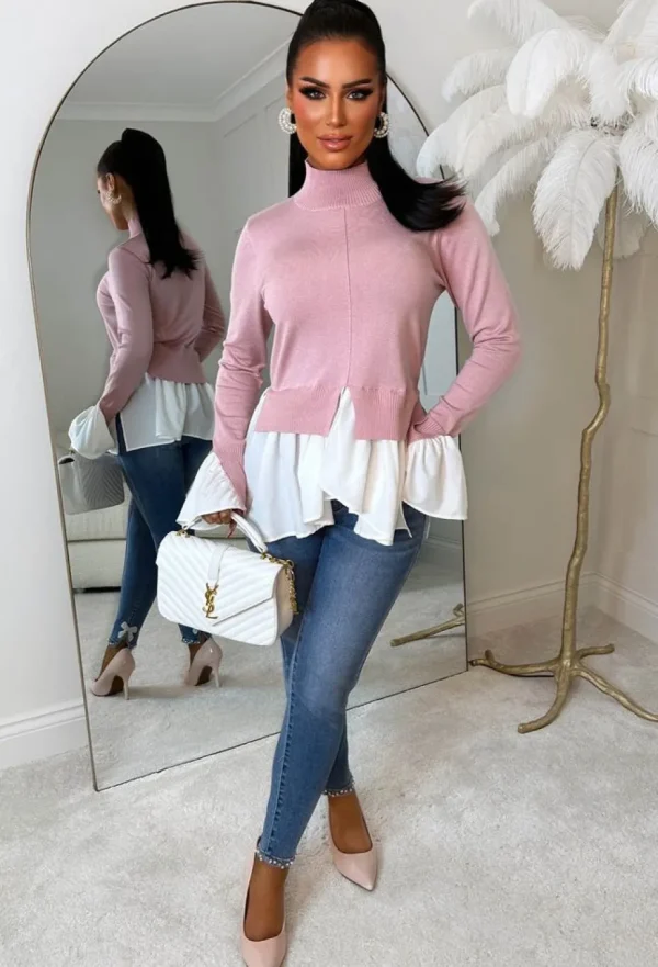 Women NOVA Tops<True To Self Pink 2 In 1 Flared Sleeve Hem Knit Jumper