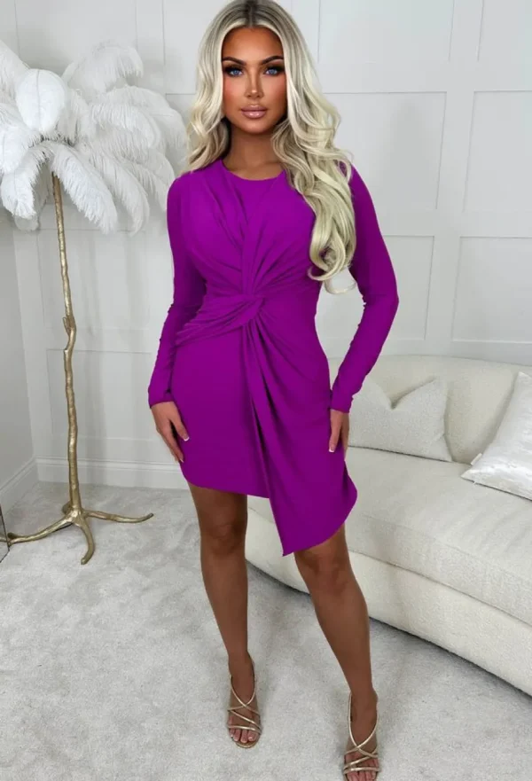 Women ALLYSON Dresses<Twist My Words Hot Pink Stretch Knot Twist Front Long Sleeve Mini Dress