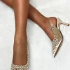 Women HAPPY FEET High Heels<Unique Love Gold Diamond Gem Embellished Slingback Court Heels